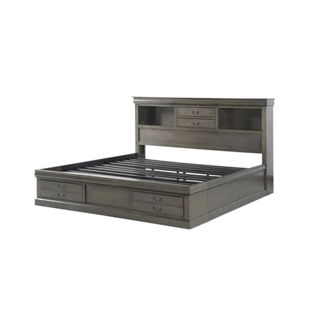 Benjara 5 Drawer Transitional Queen Size Bed with Bookcase Headboard, Dark Gray