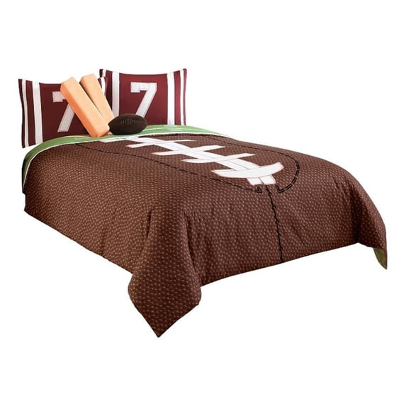 5 Piece Twin Comforter Set with Football Field Print, Brown and Green