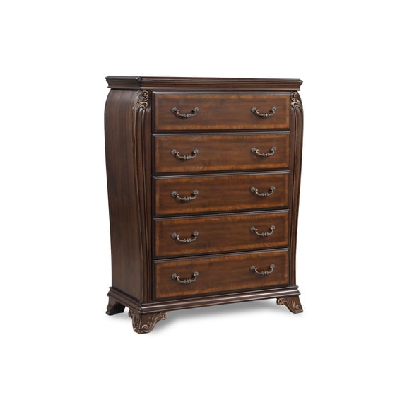 Cali 50 Inch Chest, 5 Drawers, 10 Drop Handles, Carved, Gold, Cherry Brown