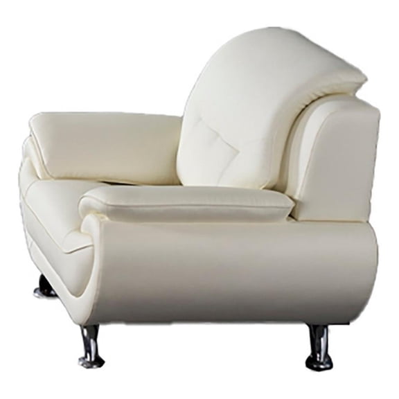 Olaf 50 Inch Sofa Chair- Tufted Ivory Faux Leather- Chrome Metal- Wood