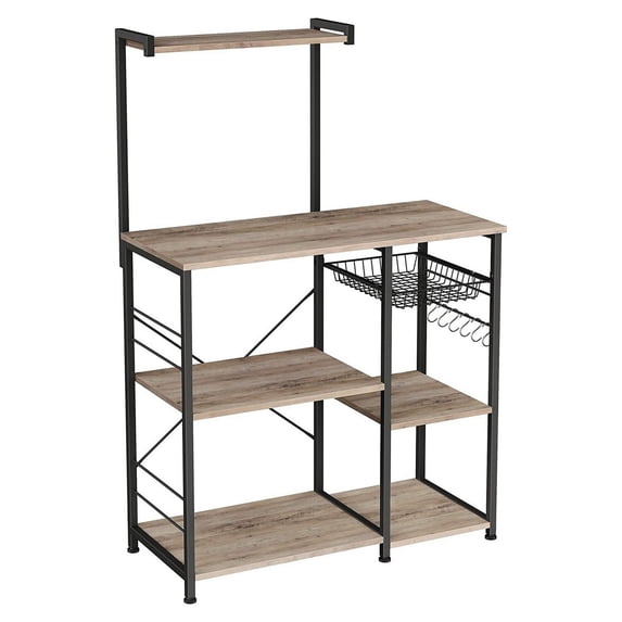 52 Inch Wood Bakers Rack, Kitchen Shelf, 6 Hooks, Workstation, Brown, Black- Saltoro Sherpi