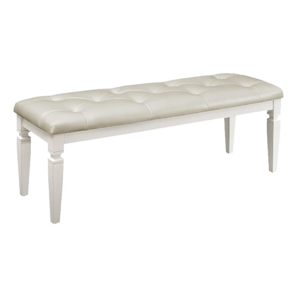 Bench Button Lura 54 Inch Accent Bench- Button Tufted Foam Faux Leather- White Wood ...