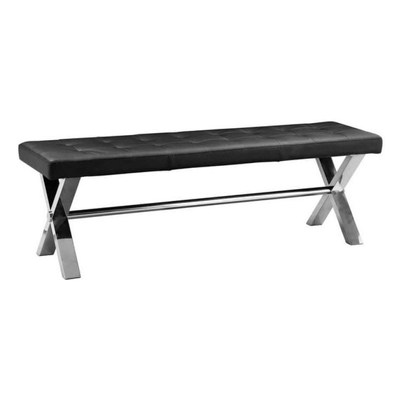 Benjara 55" Bench- Tufted Cushioned Seat- Smooth Black Faux Leather Upholstery