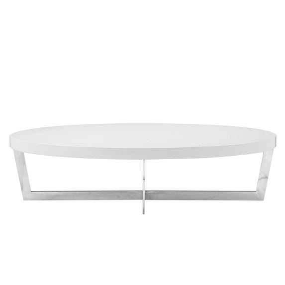 Benjara Tini 55" Coffee Table- Oval Shaped Top- Metal Frame- White Finish