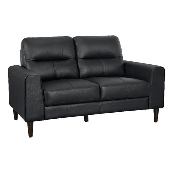 Willow 56 Inch Loveseat- Black Top Grain and Faux Leather- Solid Wood