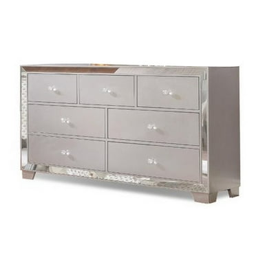 Benjara Eli 57 Inch Deluxe 7 Drawer Dresser, Mirrored Trim, Wood Frame, Black-Finish:Silver