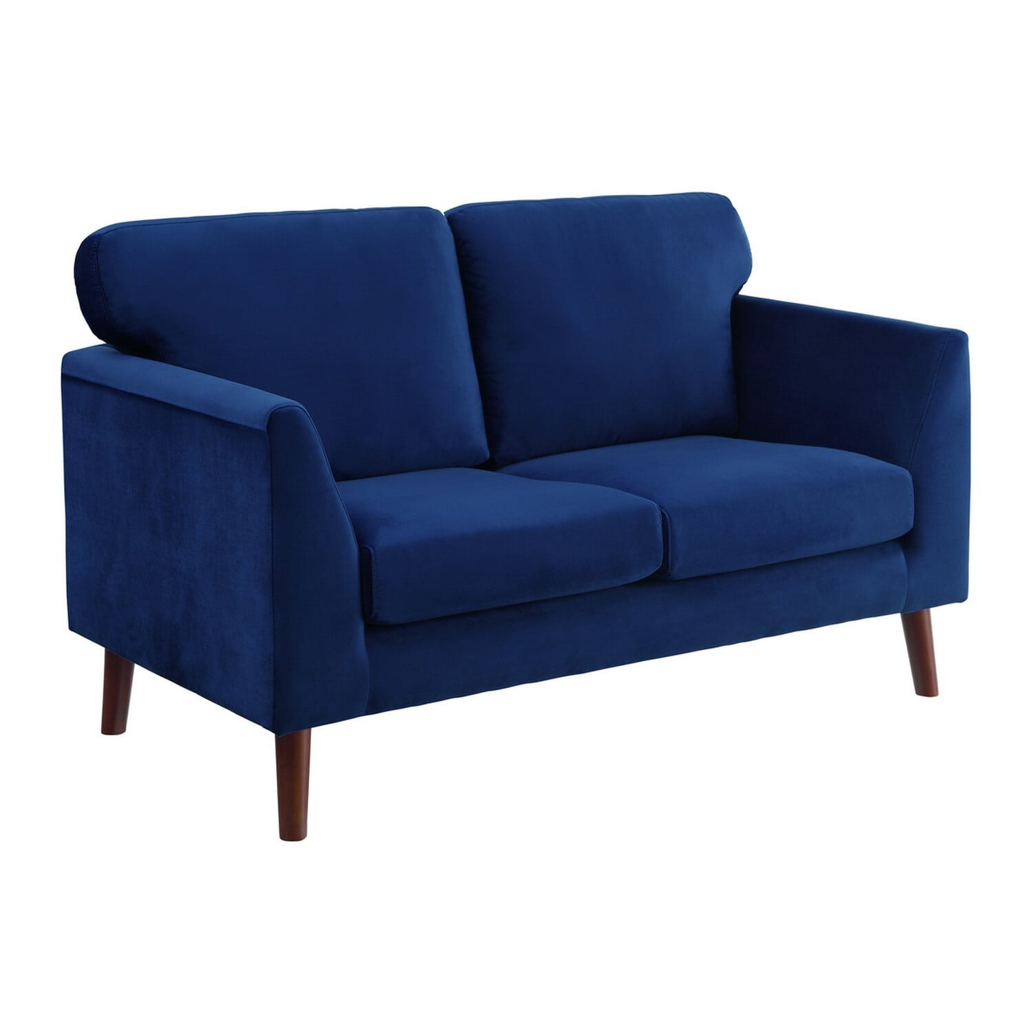 58" Blue Velvet Loveseat with Dark Brown Wood Legs