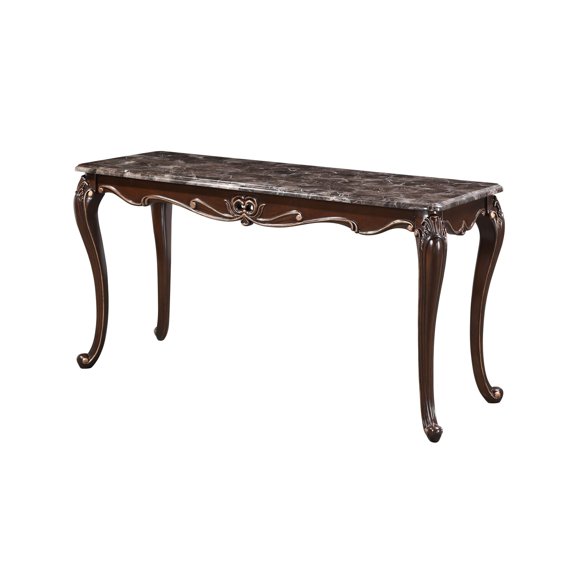 Benjara Cona 58 Inch Console Table, Carved Gold Accents, Cherry Brown, Gray, White