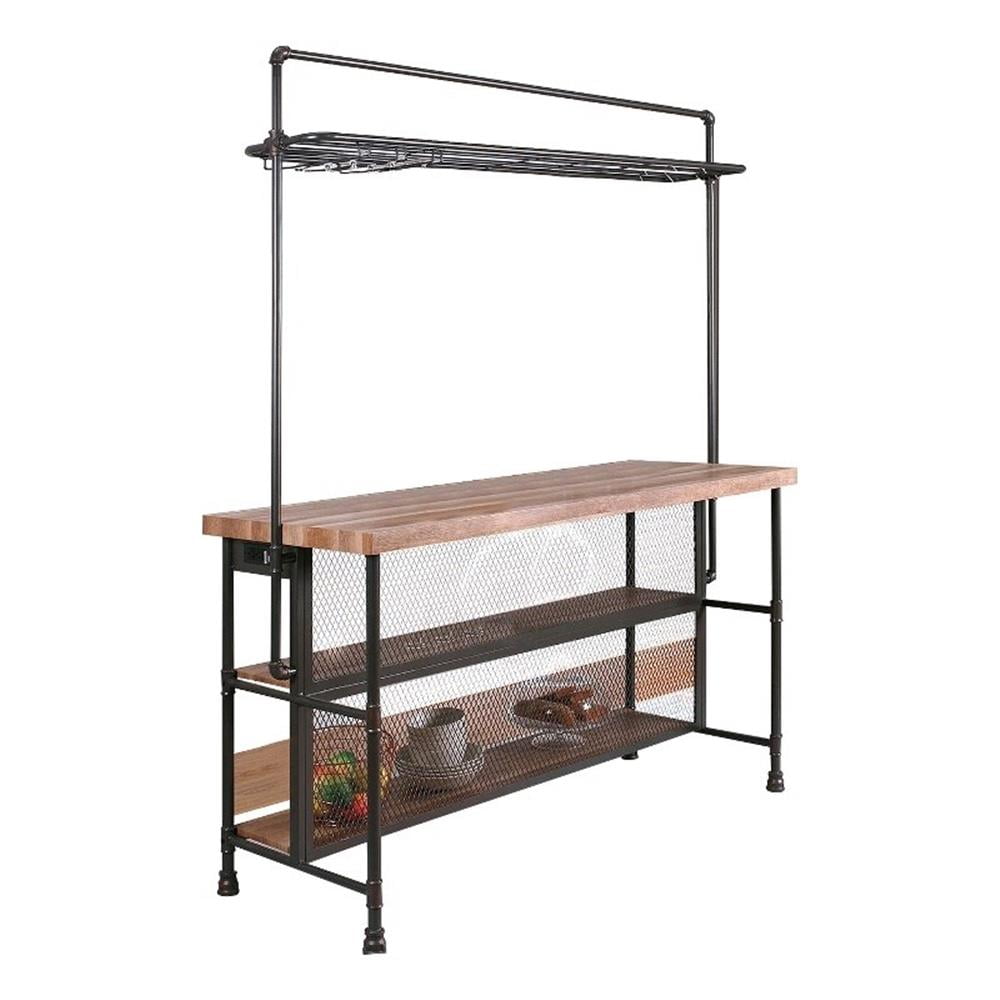 59 Inch Bar Table with Hanging Rack, Sand Black Metal, Natural Brown ...