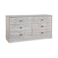 thumbnail image 1 of 59 Inch Dresser 6 Drawers Medallion Design Front Whitewashed MDF Frame - Saltoro Sherpi, 1 of 9
