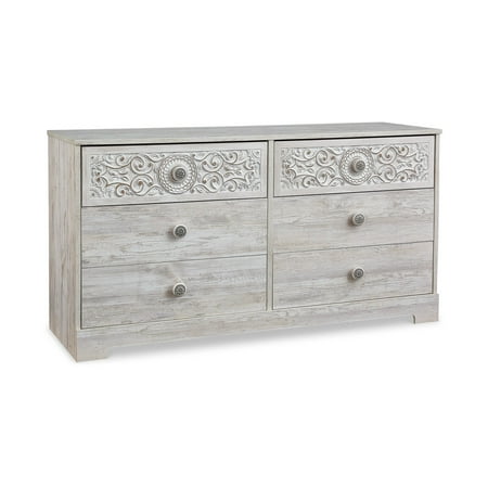 59 Inch Dresser 6 Drawers Medallion Design Front Whitewashed MDF Frame - Saltoro Sherpi
