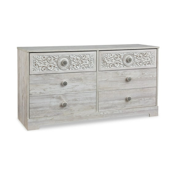 59 Inch Dresser 6 Drawers Medallion Design Front Whitewashed MDF Frame - Saltoro Sherpi