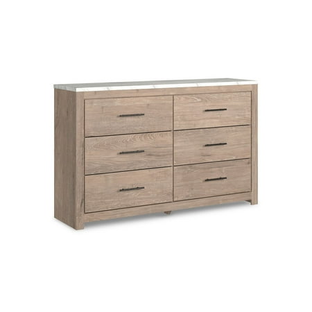 Benjara 59 Inch Modern Wide Dresser, Light Brown Wood, 6 Drawers, Linear Handles