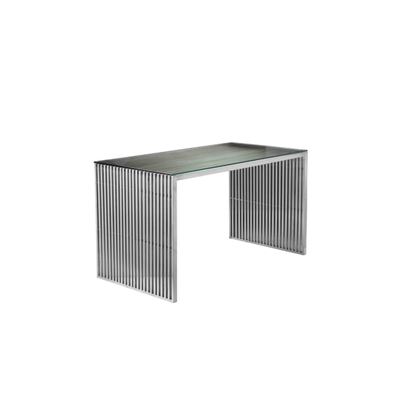 Benjara Meza 59" Office Desk- Glass Top- Waterfall Slatted Panel- Silver Finish