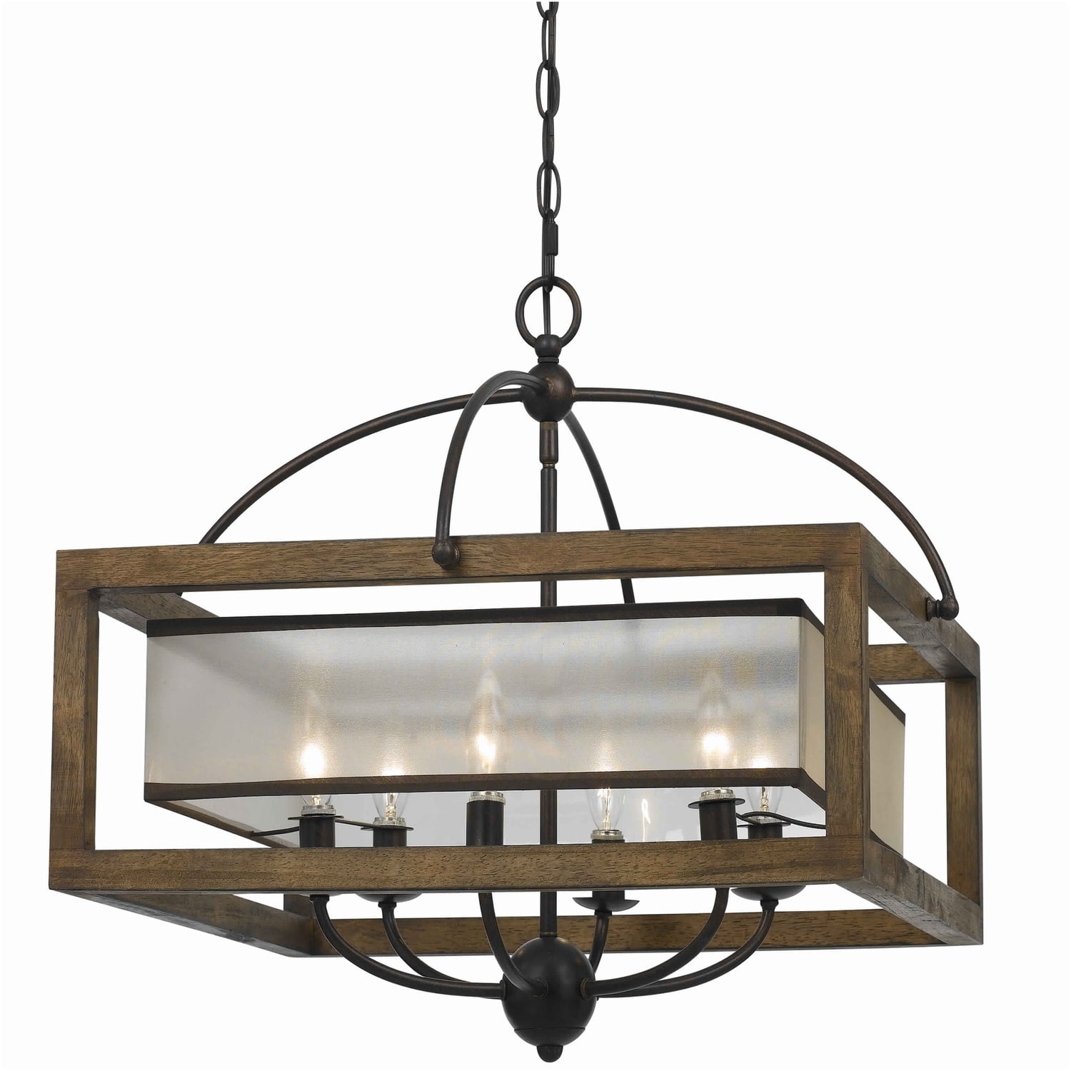 24" Brown Wood and Crystal Square Chandelier with Organza Shade
