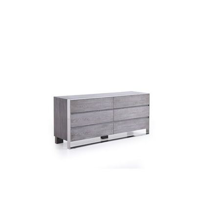 Benjara 6 Drawer Dresser with Front Metal Sled Base and Block Legs, Gray