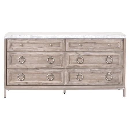 Benjara 6 Drawer Dresser with Textured Marble Top, Distressed Brown