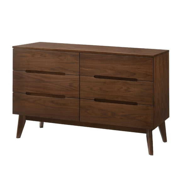 Benjara 6 Drawer Wooden Dresser with Carved Pulls and Angled Tapered Legs, Brown