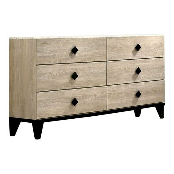 Benjara 6 Drawer Wooden Dresser with Grains and Angled Legs, Cream-Finish:Cream