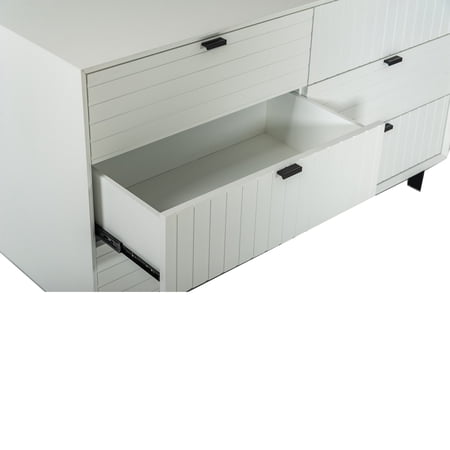 Benjara 6 Drawer Wooden Dresser with Metal Handles and Legs, White and Black