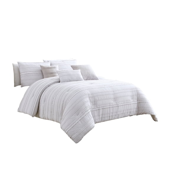 Benjara 6 Piece Queen Cotton Comforter Set with Frayed Edges- White and Gray
