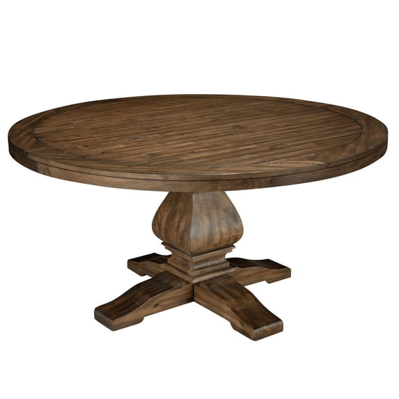Benjara 60 Inch Round Dining Table, Carved Pedestal Base, Reclaimed Walnut Brown