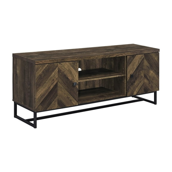 60 Inch TV Media Console Cabinet 2 Herringbone Doors Rustic Brown Wood
