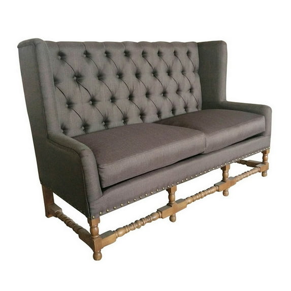 Benjara 63 Inch Sattee Bench Sofa, Tall Tufted Wingback, Gray Polyester Upholstery