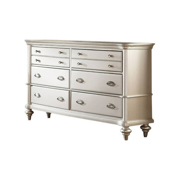 Benjara 63 Inch Wide 6 Drawer Dresser, Crystal Like Knobs, Molded Details, Silver