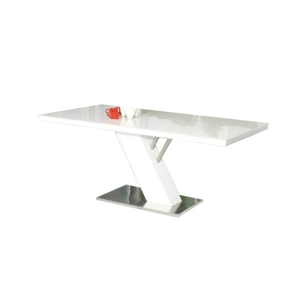 Benjara 63 Inch Dining Table, Modern White Lacquered Rectangular Top, Steel Base