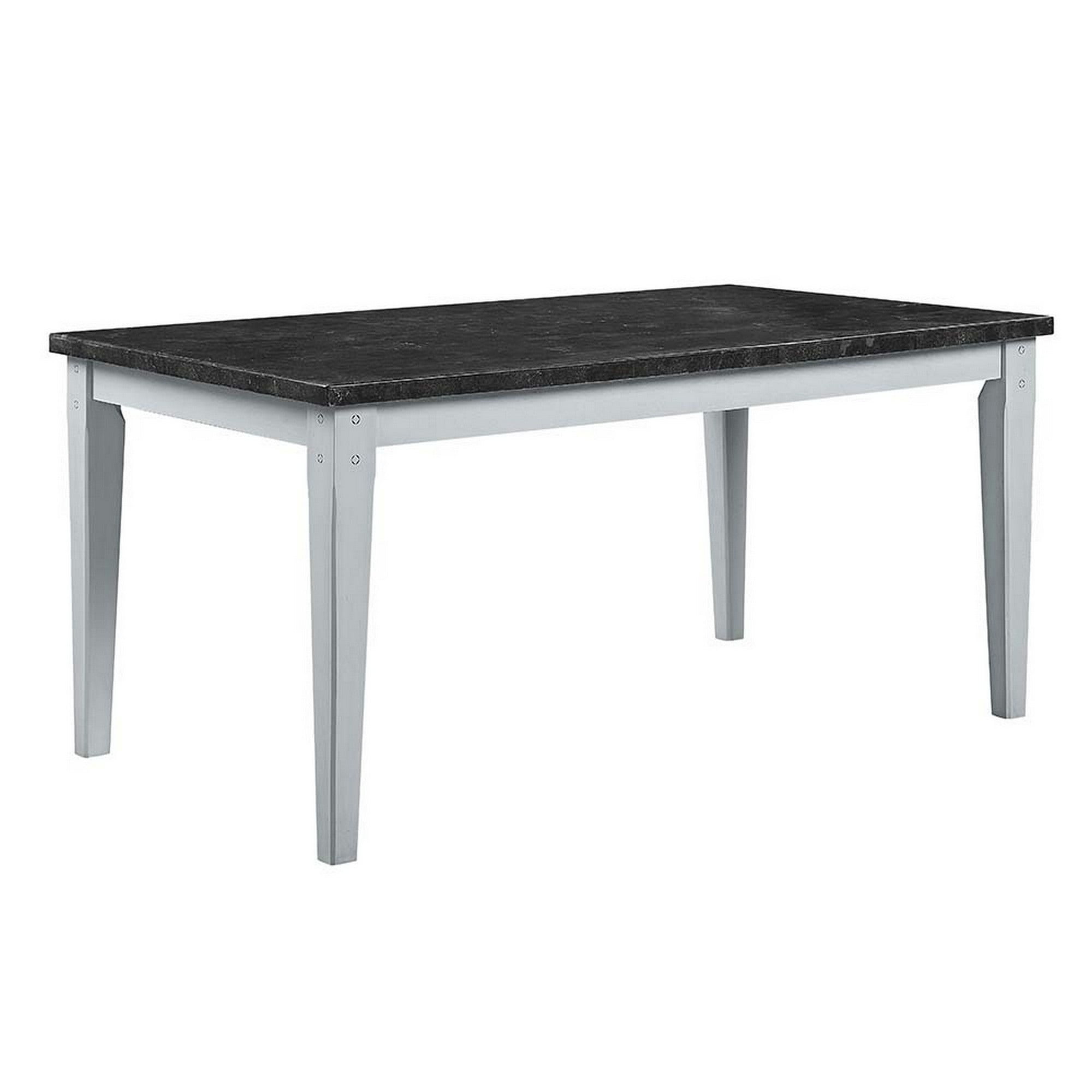 64 Inch Wood Rectangular Dining Table, Marbled Surface, Tapered Legs ...