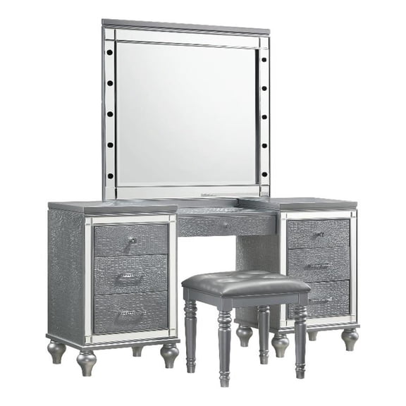Benjara Lee 64" Vanity Table- Embossed Inlay- 7 Mirror Accented Drawers- Gray