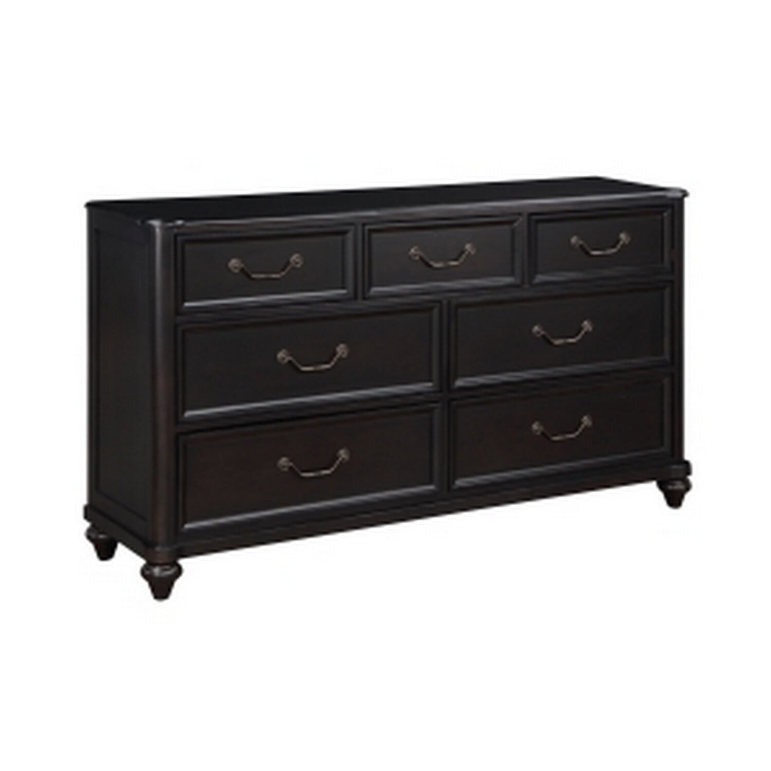 Benjara Vix 64 Inch Wide Dresser, 7 ed Trim Drawers, Pewter Drop Handles, Black