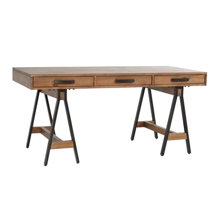 Benjara 65 Inch Solid Wood Desk, Multipurpose, Sawhorse Metal Legs, Caramel