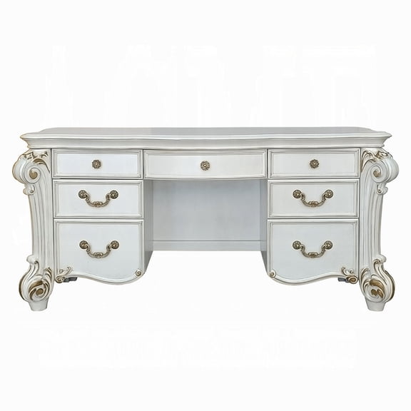 Antoine Vanity Desk, 7 Drawers, Antique Silver Wood, Gold, 65 Inch