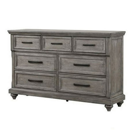 Benjara Demi 65 Inch Wood Dresser with 7 Drawers, Metal Bar Handles, Oak Gray