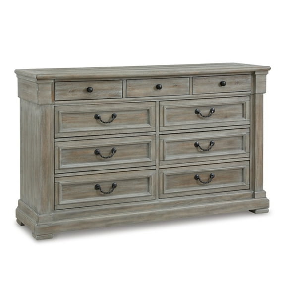 Benjara Paul 65 Inch Wide Dresser Chest, 9 Gliding Drawers, Wire Texturing, Gray