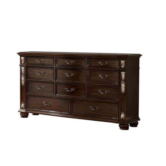 66.75 Inches 11 Drawer Dresser with Carved Details Brown
