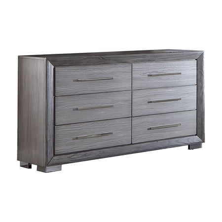 Benjara 66 Inch Wide Wood Dresser with 7 Drawers, Bar Handles, Bun Feet, Gray