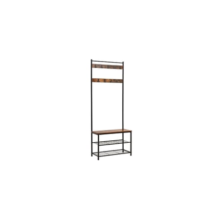 Benjara 69 Inch Industrial Metal Frame Coat Rack, Nine Hooks, 2 Slatted Shelves, Rustic Brown, Black