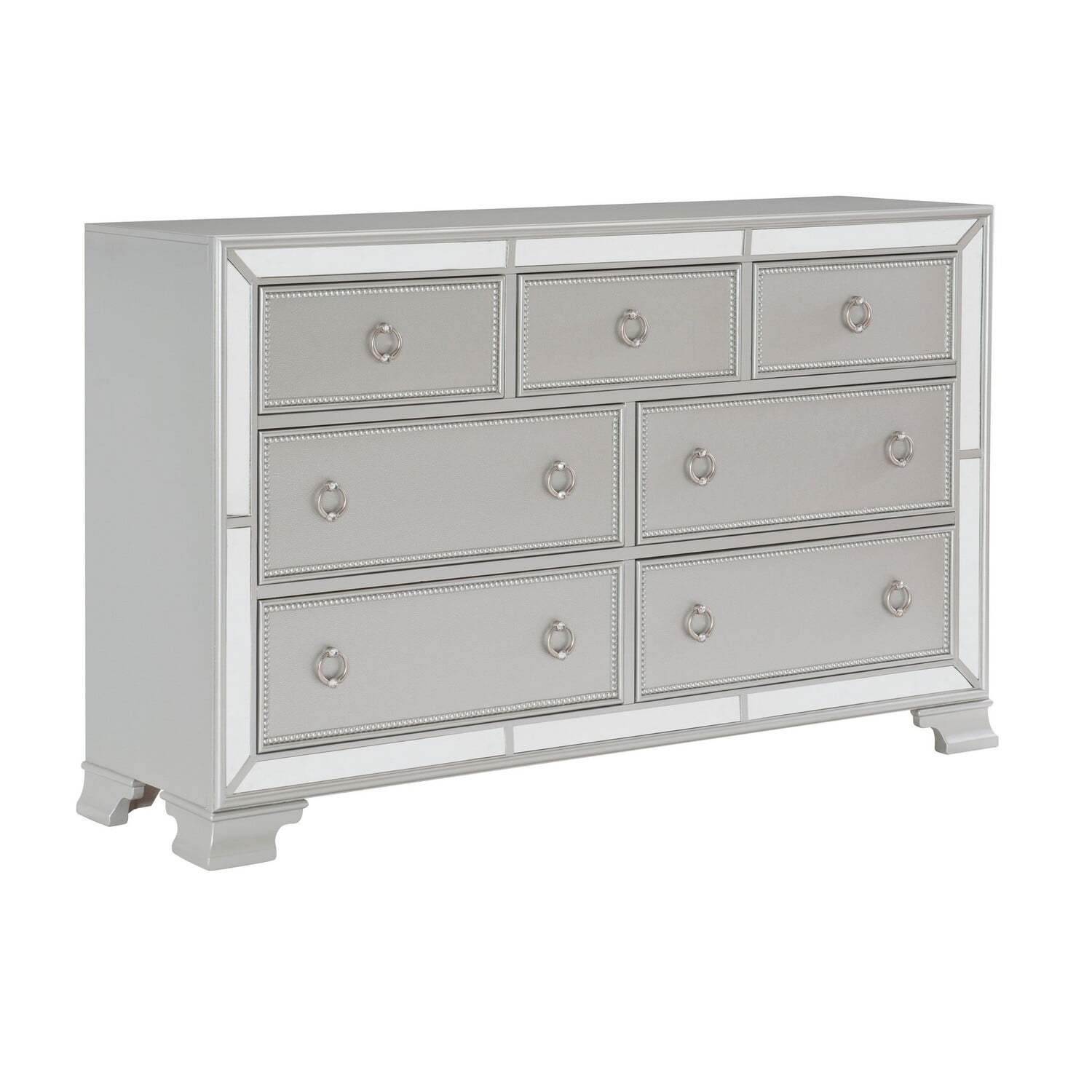 White Glam 7-Drawer Dresser with Mirror Trim and Ring Pulls