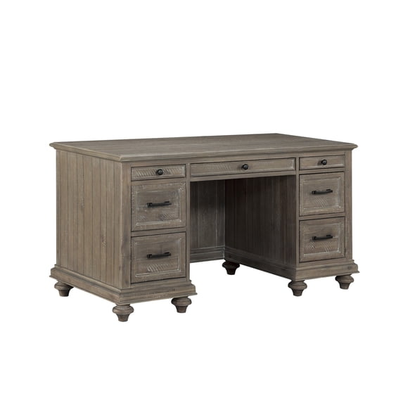 Benjara 7 Drawer Wooden Traditional Plank Executive Desk with Bun Feet, Taupe Brown
