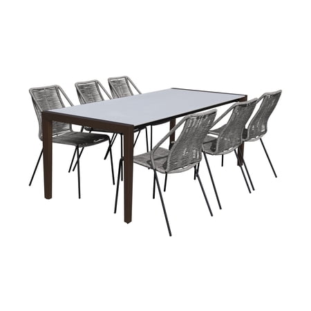Benjara 7 Piece Dining Set with Super Stone Top and Fishbone Weaving, Gray