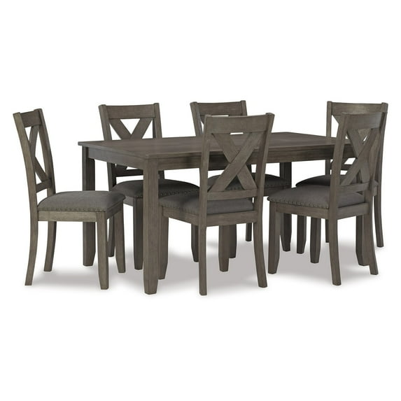 7 Piece Dining Table Set Lattice Back Chairs Dark Gray Wood Polyester