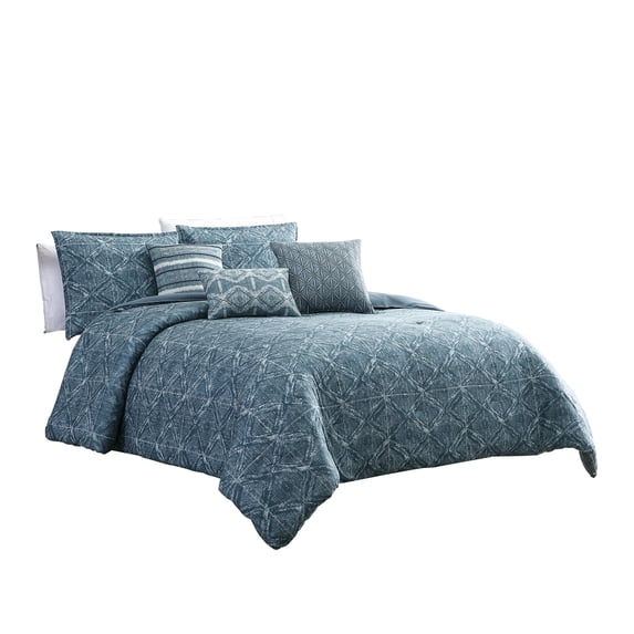 7 Piece Queen Size Cotton Comforter Set with Geometric Print, Blue