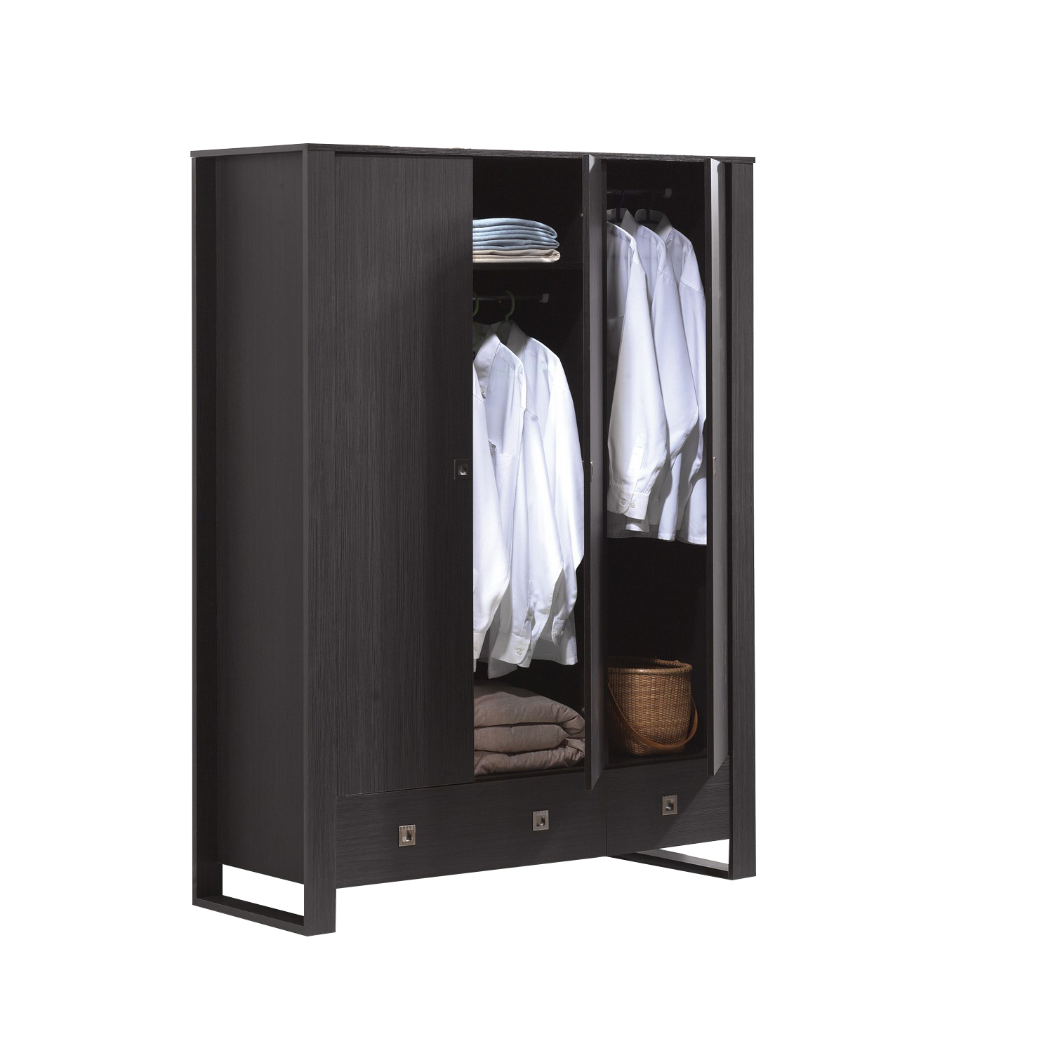 Benjara 70 Inch Wood Wardrobe Armoire, 3 Doors, 2 Hanging Rods, 2