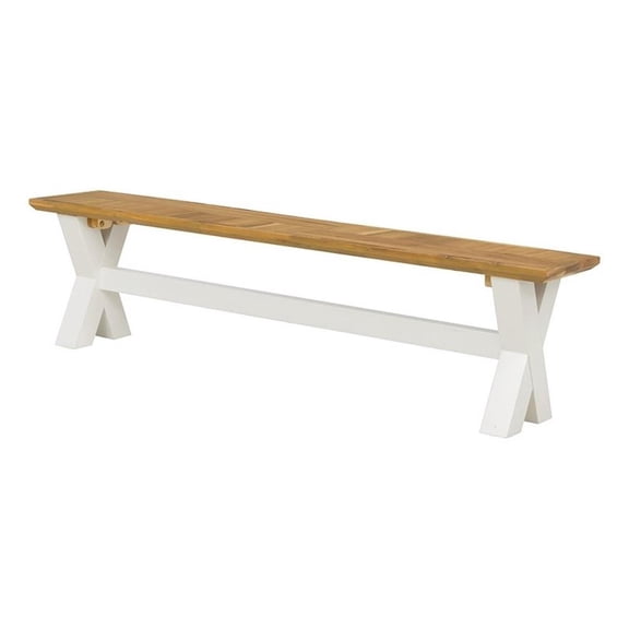 Benjara 70" Dining Bench- White X Leg Trestle Base- Acacia Wood- Brown Seat