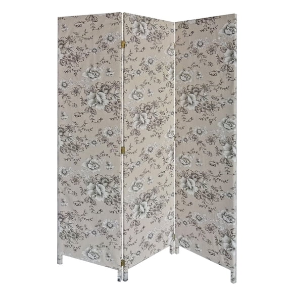 71 Inch 3 Panel Fabric Room Divider with Floral Print, Gray- Saltoro Sherpi