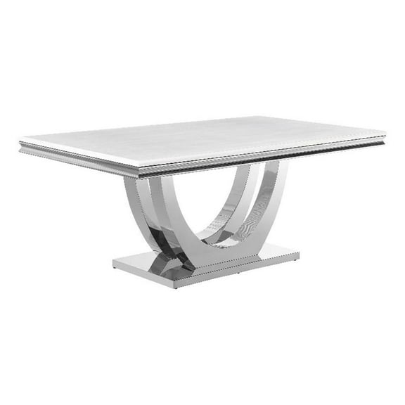 71 Inch Dining Table-Rectangular White Faux Marble Top-Pedestal Base