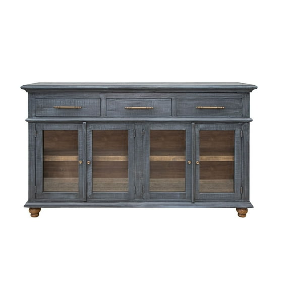 Benjara 71 Inch Sideboard Console Table, 3 Drawers, 4 Glass Doors, Pine Wood, Blue